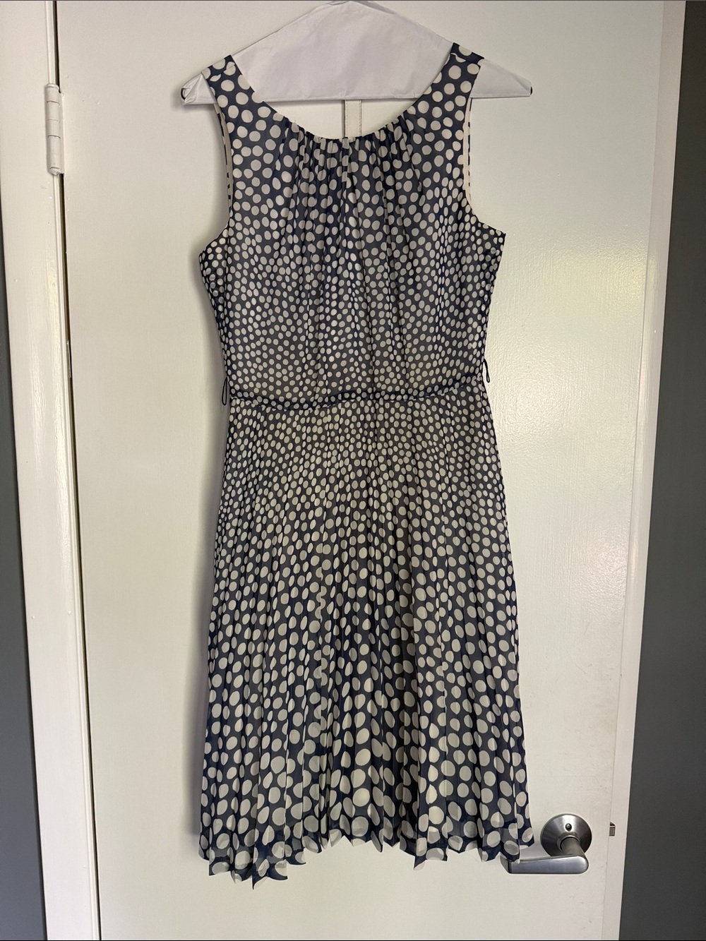 Trina Turk Navy and White Polka Dot Sleeveless Pleated Dress